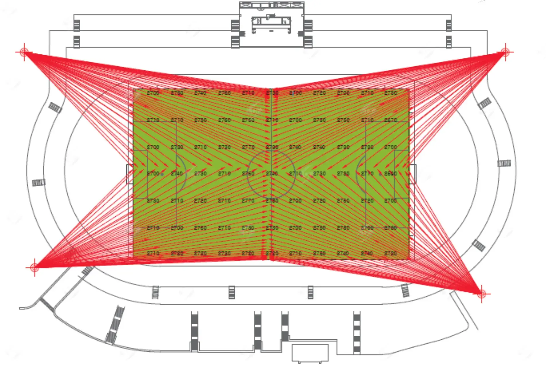 mô phỏng giá trị độ rọi trên mặt phẳng ngang trong thiết kế chiếu sáng sân vận động