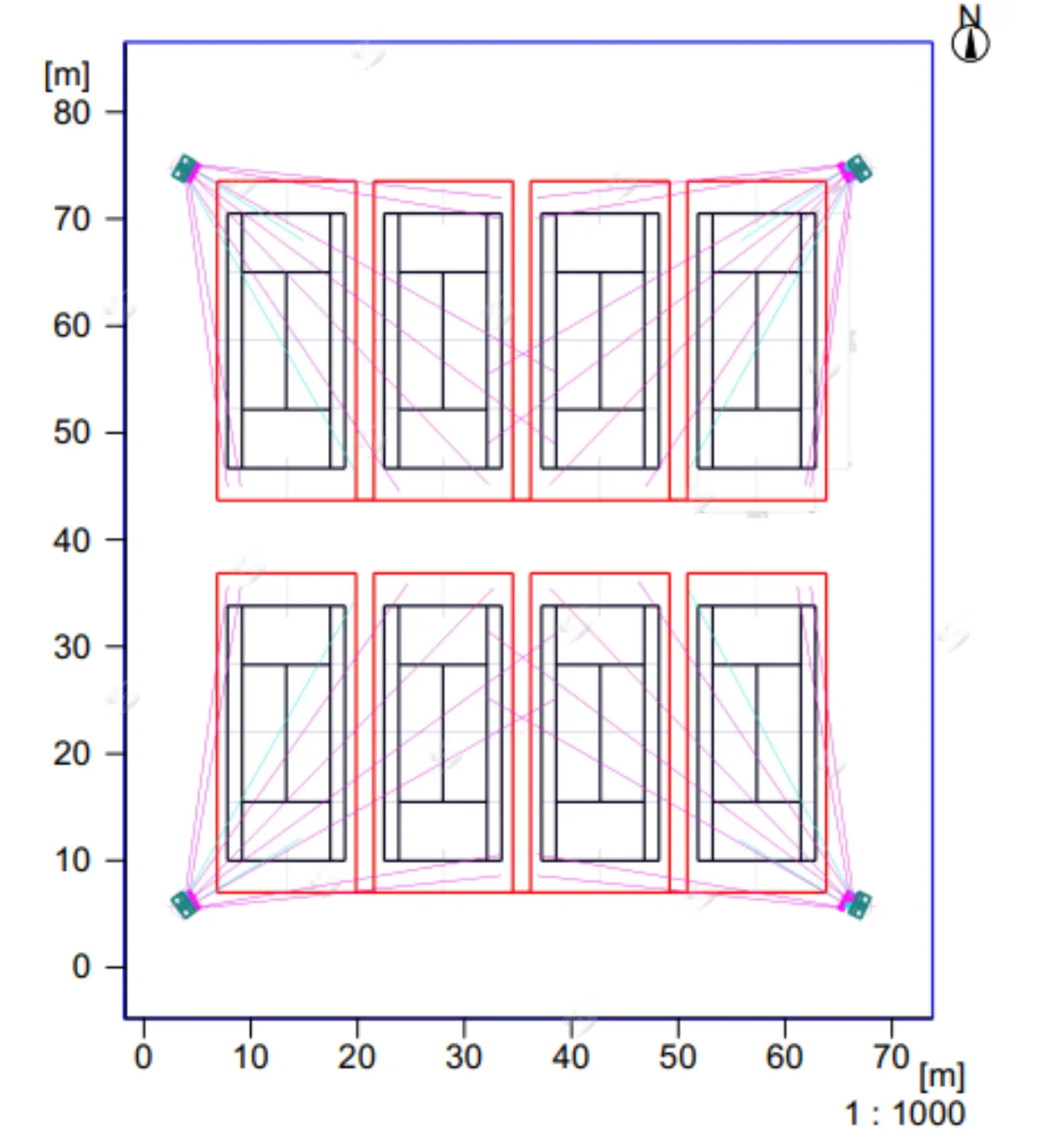  Mặt bằng bố trí cột đèn trong thiết kế chiếu sáng sân tennis tổ hợp 8 sân