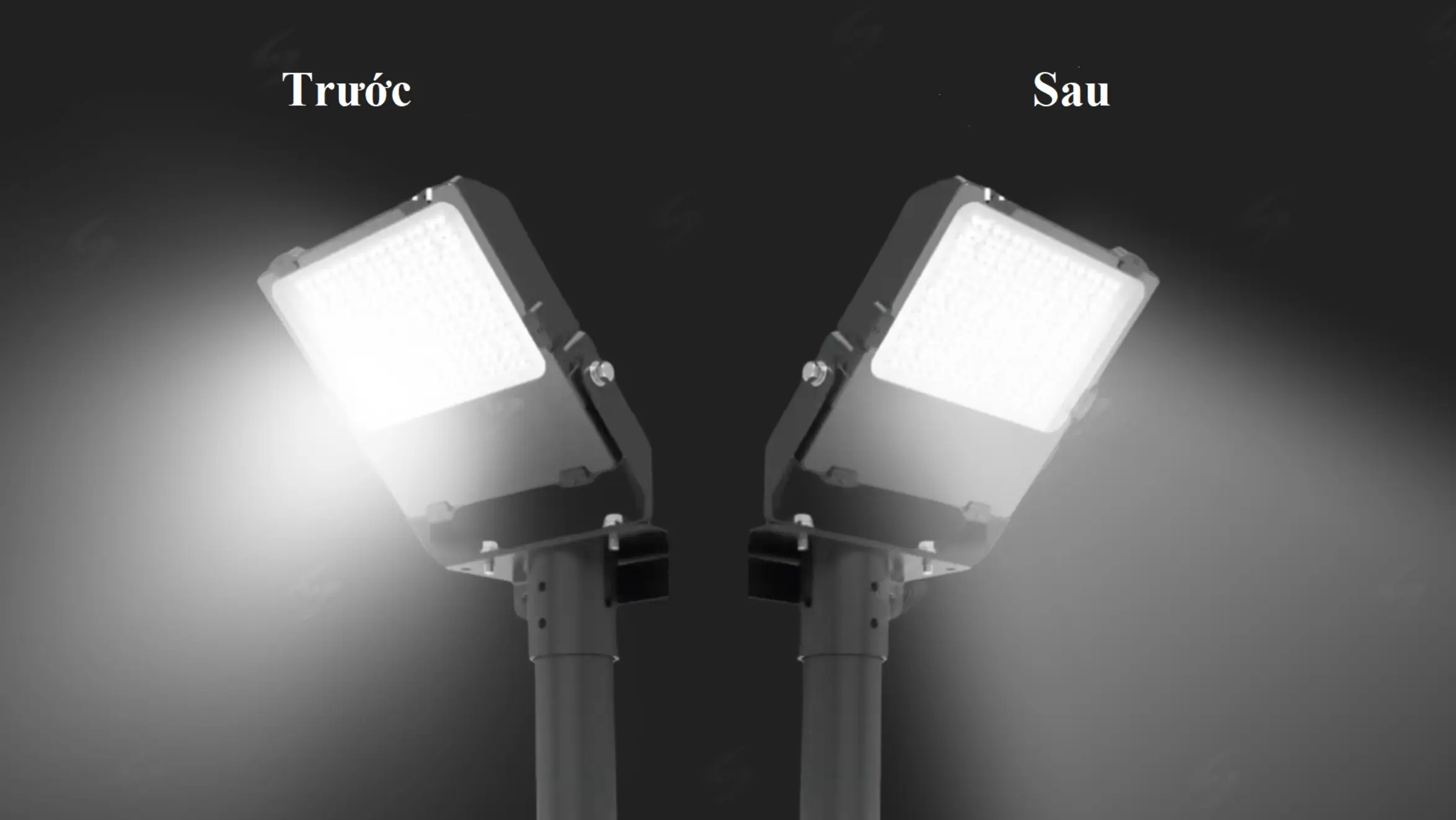 So sánh chùm sáng của đèn sân tennis chống lóa trước và sau khi sử dụng lớp chống lóa.