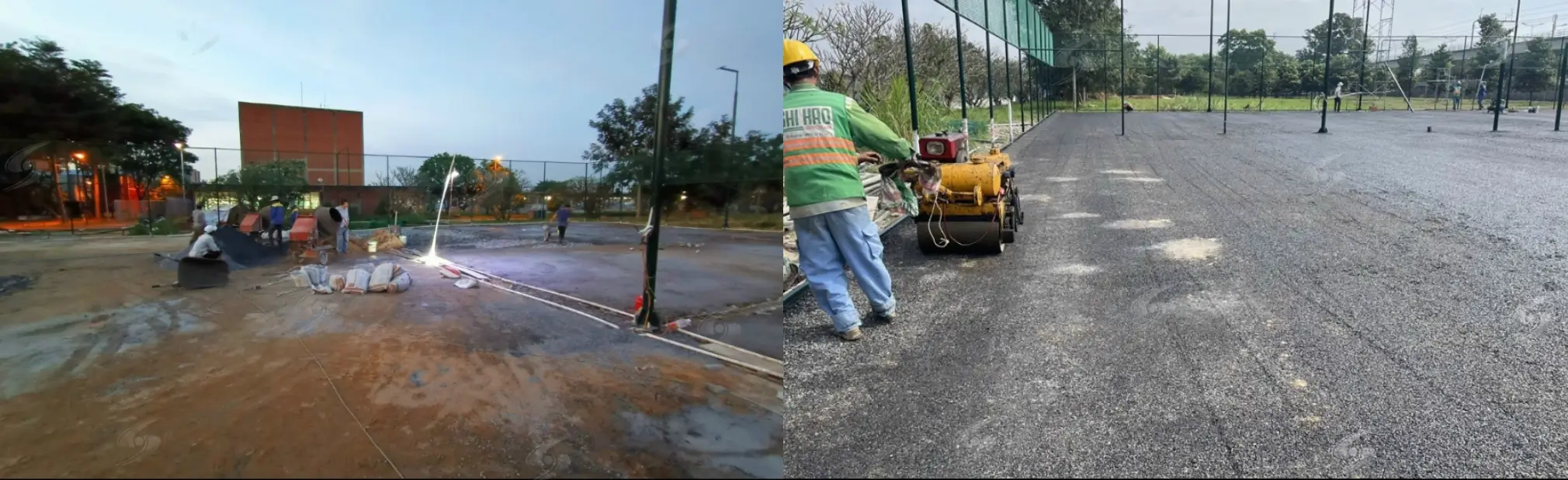 Xử lý nền bê tông bằng máy mài công nghiệp trước khi làm sân tennis.