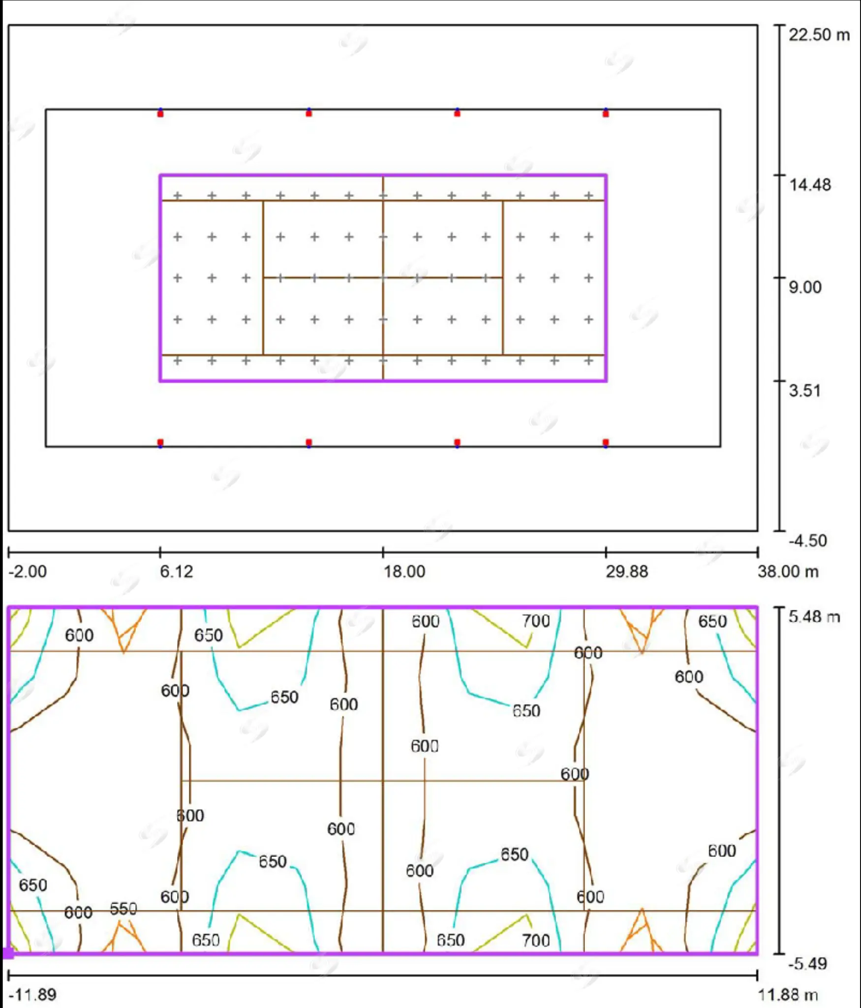 Bản vẽ mô phỏng độ rọi sân tennis 8 cột khi sử dụng đèn LED sân tennis
