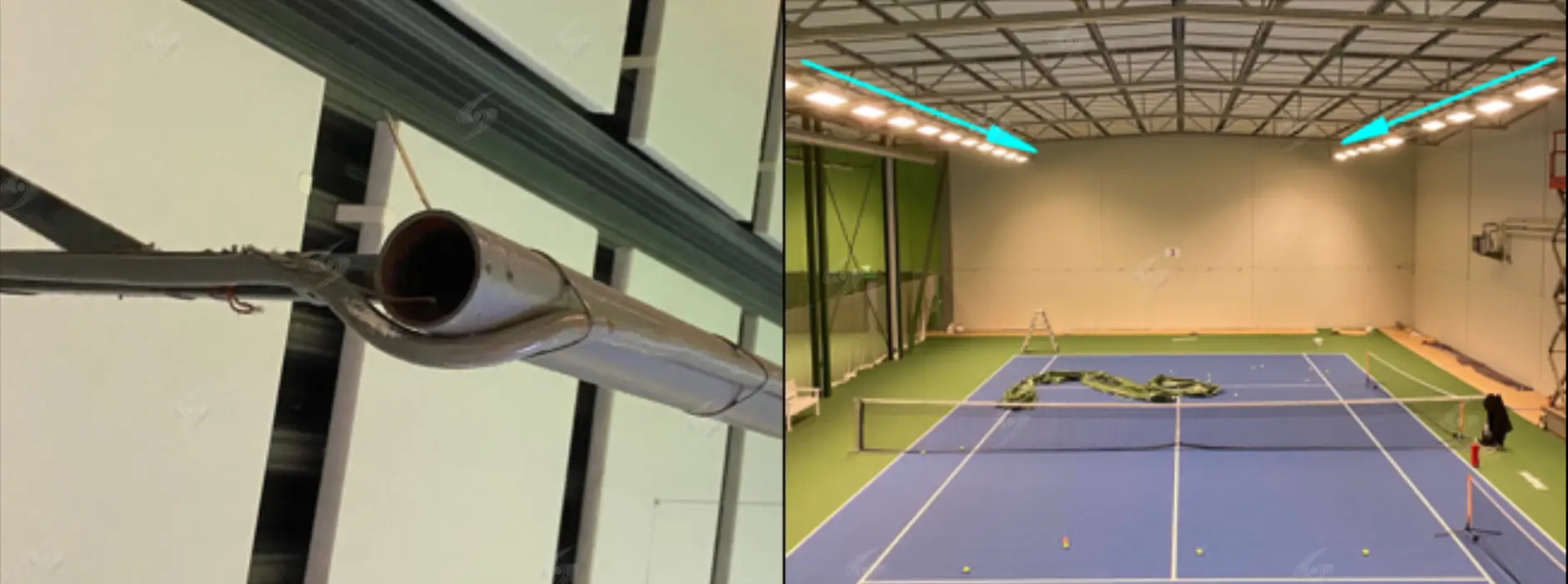 phương án lắp đặt đèn pha sân tennis trong nhà bằng tuýp sắt song song, gọn gàng và thẩm mỹ
