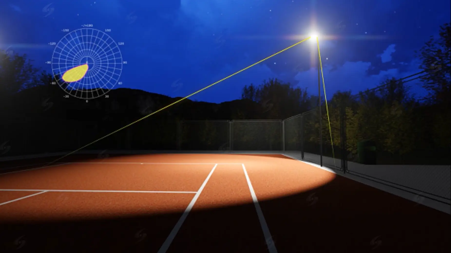 bật sáng từng đèn pha sân tennis để kiểm tra hướng chiếu và tinh chỉnh góc ngẩng đúng kỹ thuật