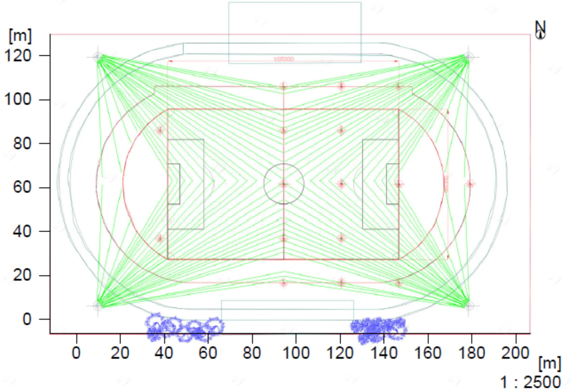 bản vẽ mặt bằng trong thiết kế chiếu sáng sân bóng đá thể hiện vị trí cột đèn